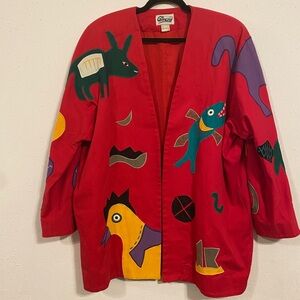 “Girasol Wearable Art Appliqué Jacket Women’s Large Red Folk Art Mexico”